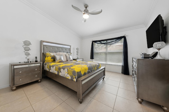 tiled bedroom featuring vaulted ceiling, ceiling fan, and crown molding