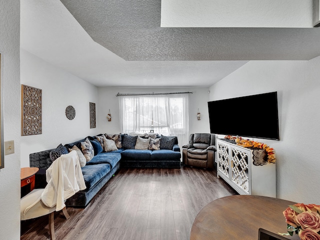 living room with a textured ceiling and hardwood / wood-style flooring