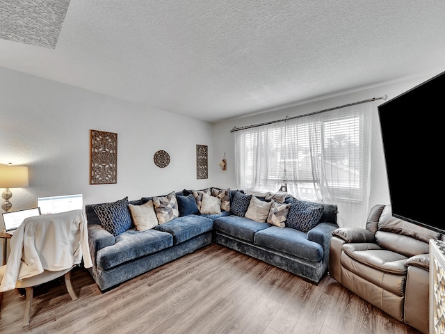 living room featuring light hardwood / wood-style floors and a textured ceiling