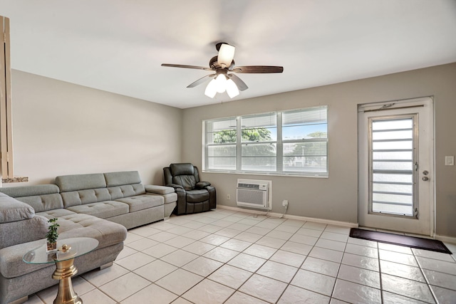 tiled living room featuring a wealth of natural light, a wall mounted air conditioner, and ceiling fan