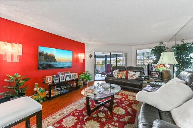 living room with a textured ceiling and hardwood / wood-style flooring