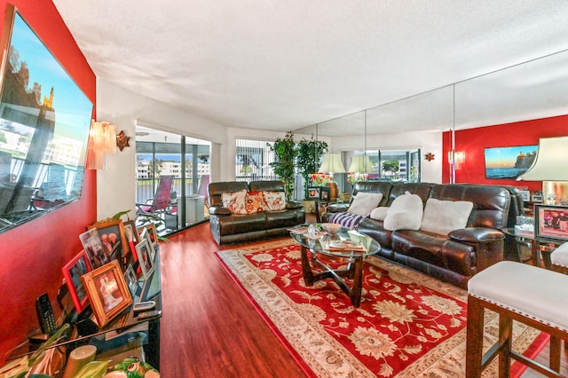 living room with a textured ceiling and wood-type flooring