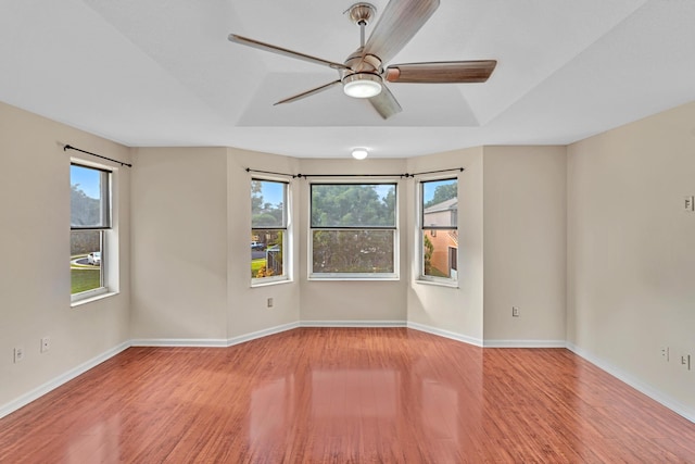 empty room featuring a wealth of natural light, light hardwood / wood-style floors, and ceiling fan