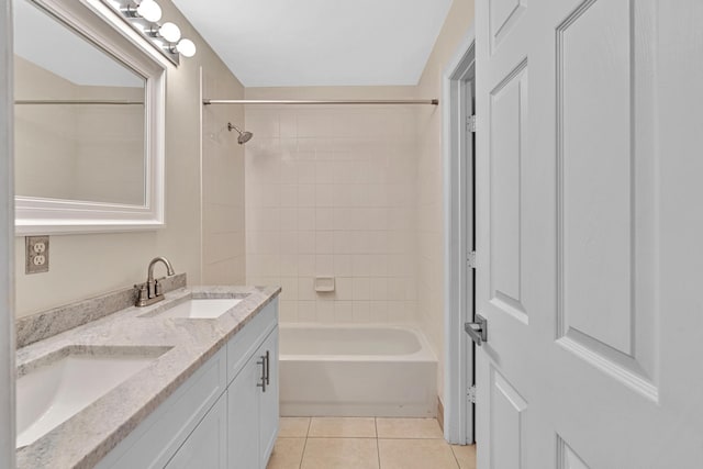 bathroom featuring vanity, tile patterned flooring, and tiled shower / bath