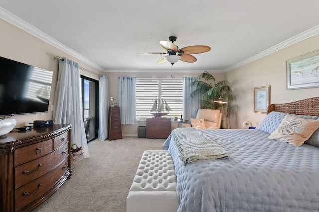 carpeted bedroom with crown molding and ceiling fan