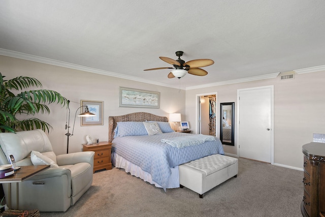 carpeted bedroom with ornamental molding, a textured ceiling, and ceiling fan