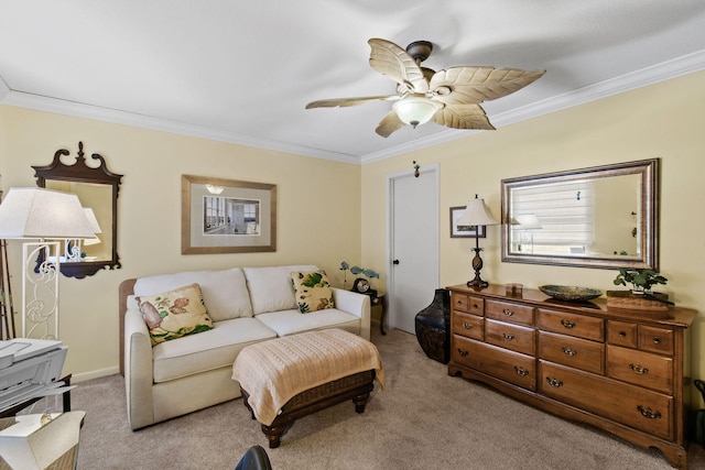 carpeted living room featuring crown molding and ceiling fan