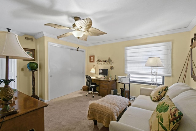 2571 NE Ocean Blvd Unit 10-203, Stuart, FL 34996 - home office with carpet floors, crown molding, ceiling fan, and a barn door