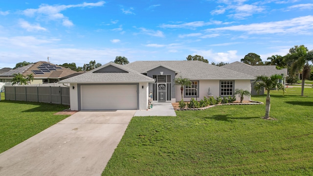 ranch-style home featuring a front yard and a garage