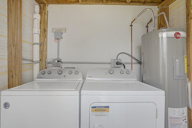 laundry room with water heater and independent washer and dryer