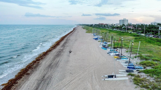 view of water feature with a beach view