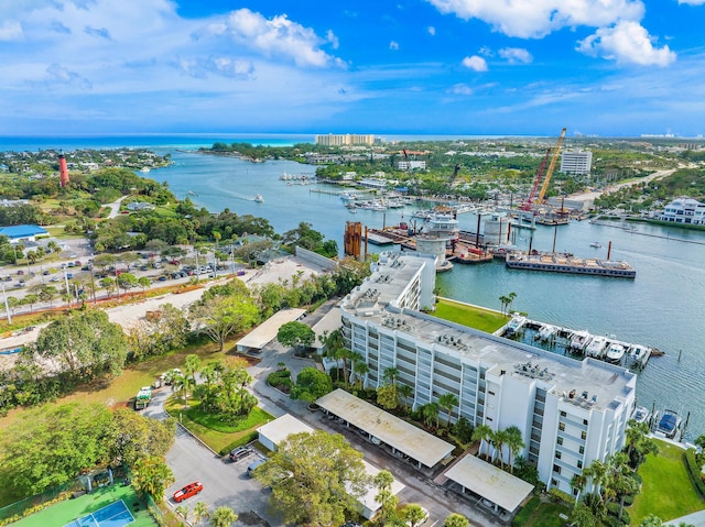 drone / aerial view featuring a water view