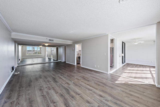 unfurnished living room featuring ornamental molding, hardwood / wood-style floors, a textured ceiling, and ceiling fan