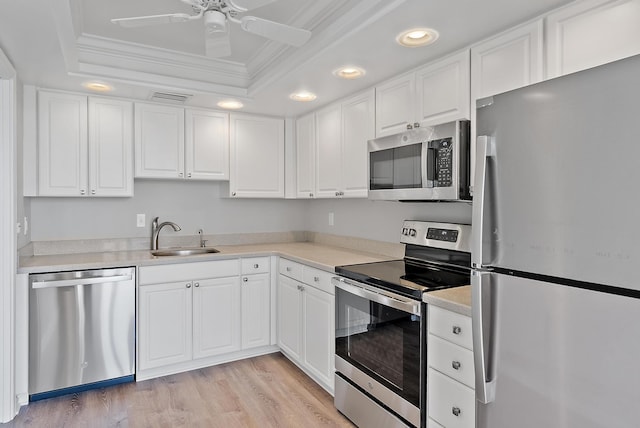 kitchen featuring white cabinets, a raised ceiling, ornamental molding, sink, and stainless steel appliances