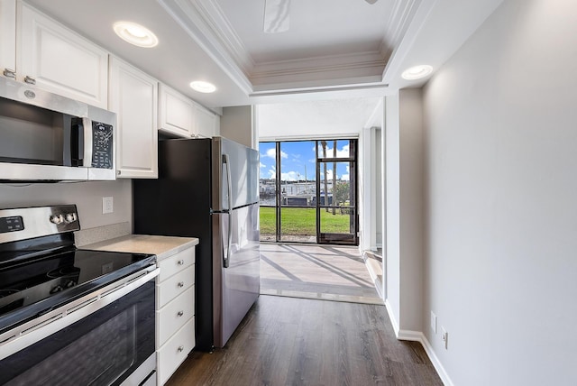 kitchen with stainless steel appliances, crown molding, a raised ceiling, white cabinets, and dark hardwood / wood-style flooring