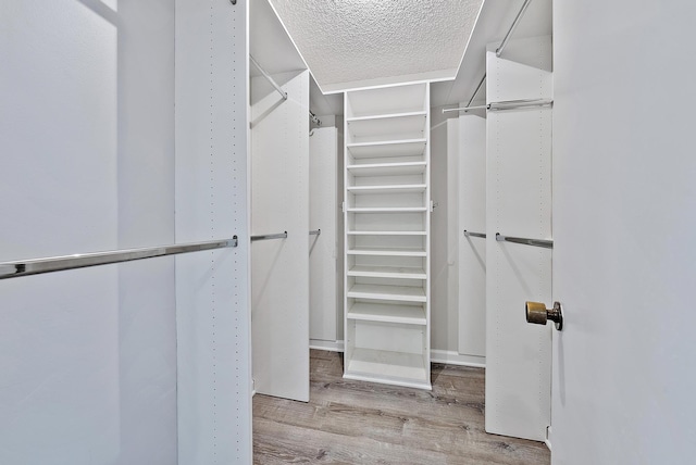 walk in closet with light hardwood / wood-style floors