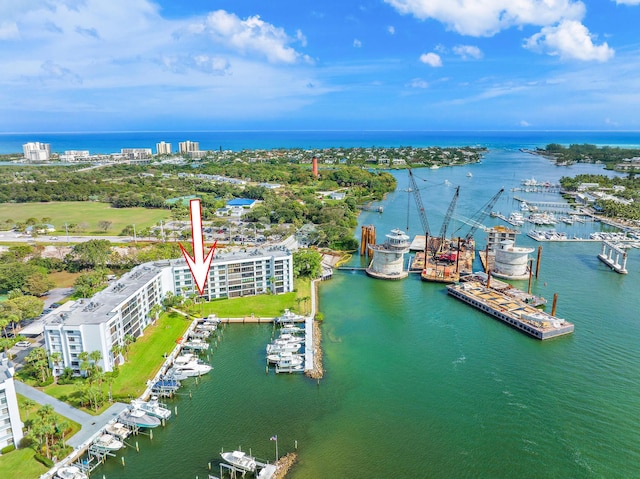 bird's eye view with a water view