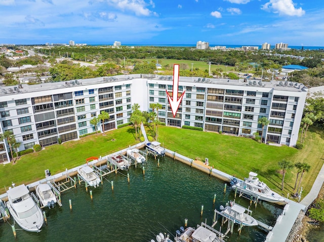 drone / aerial view with a water view