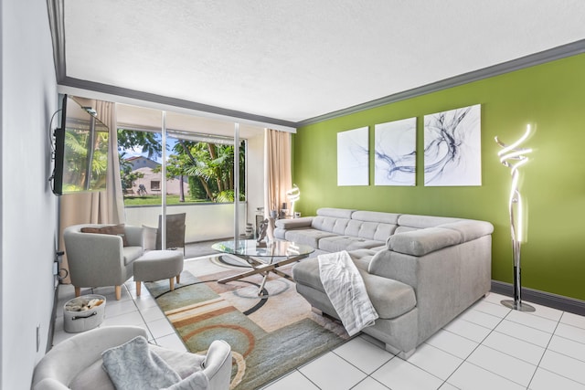 living room featuring a textured ceiling, light tile patterned flooring, and ornamental molding