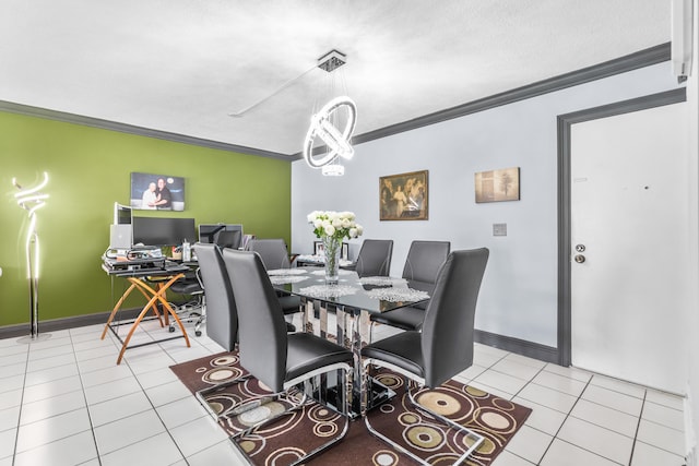 dining room featuring an inviting chandelier, crown molding, a textured ceiling, and light tile patterned floors