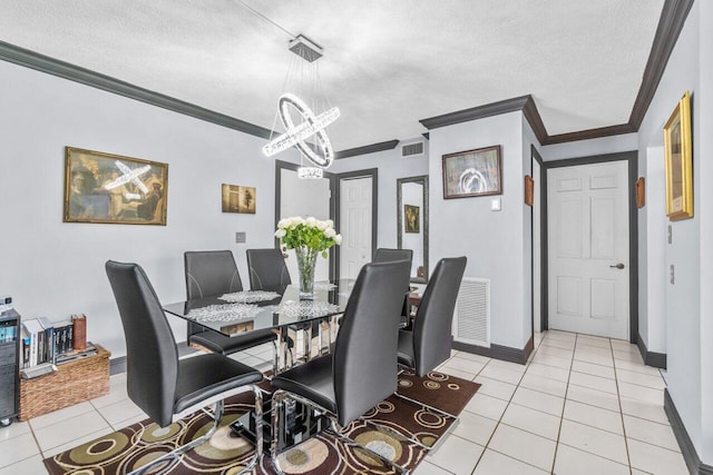 dining area with an inviting chandelier, crown molding, a textured ceiling, and light tile patterned flooring