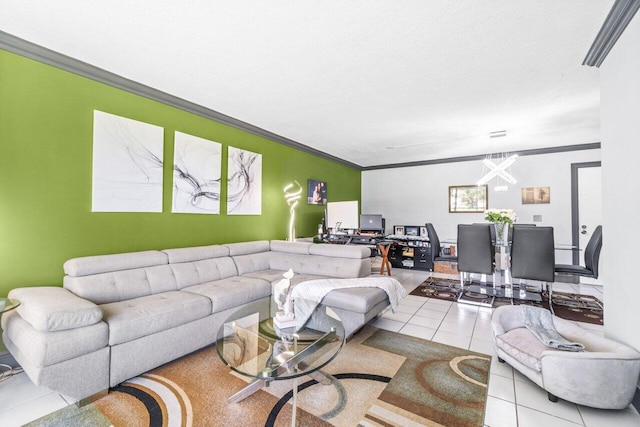 living room with crown molding, a textured ceiling, and light tile patterned floors