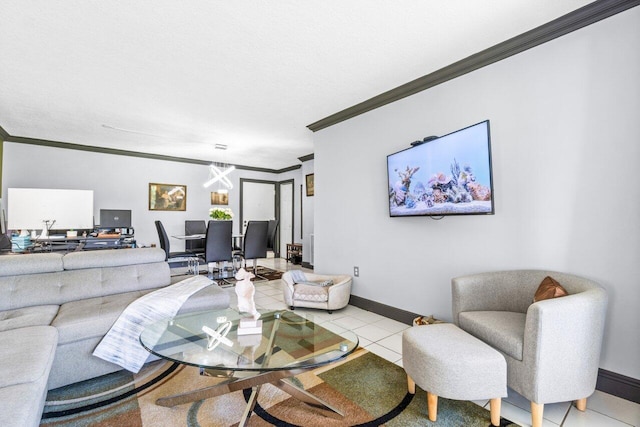 dining area with crown molding and light tile patterned floors