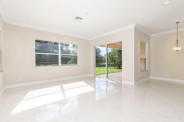 empty room featuring ornamental molding