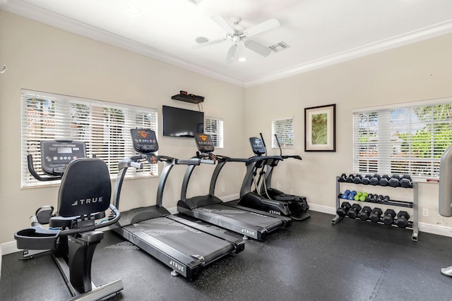 gym with a healthy amount of sunlight, crown molding, and ceiling fan