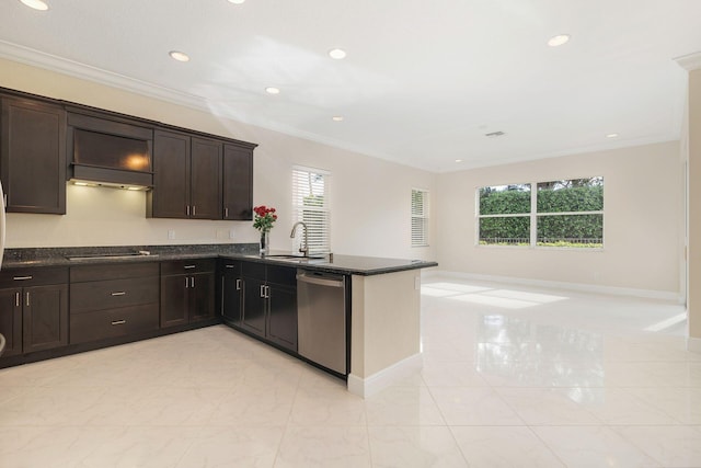 kitchen featuring stainless steel appliances, a healthy amount of sunlight, and crown molding