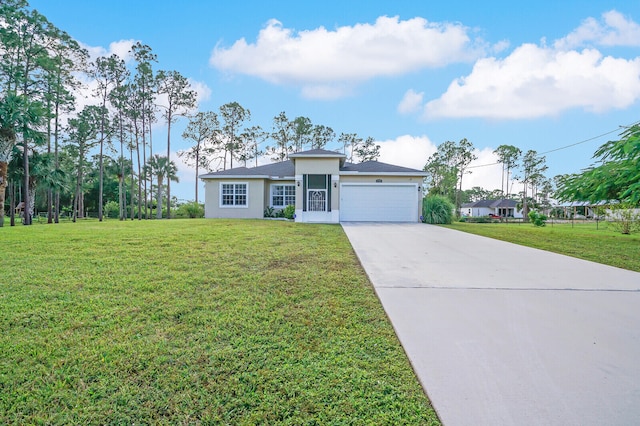 ranch-style home featuring a front lawn and a garage