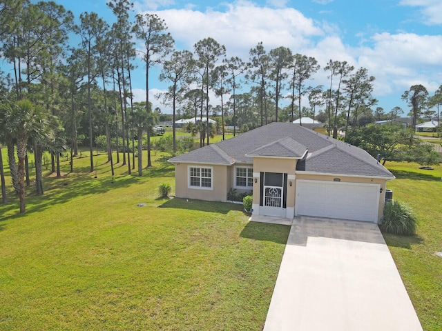 single story home with a front lawn and a garage