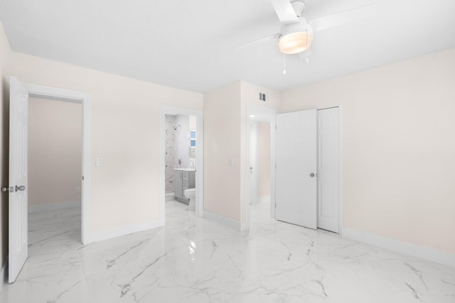 bedroom with ensuite bath, a closet, and ceiling fan