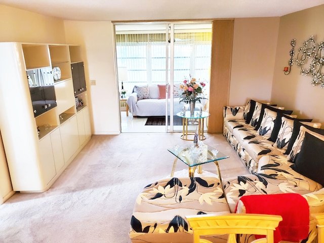 living room with light colored carpet