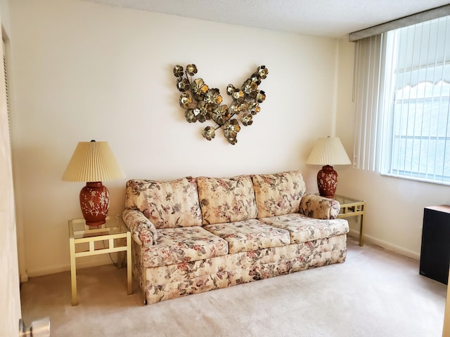 carpeted living room with a textured ceiling