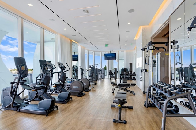 exercise room featuring floor to ceiling windows, a healthy amount of sunlight, and light hardwood / wood-style floors