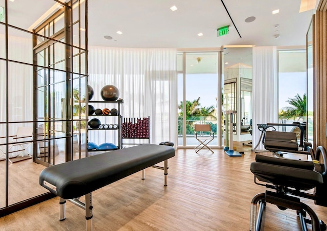 exercise room with a wall of windows and light hardwood / wood-style flooring