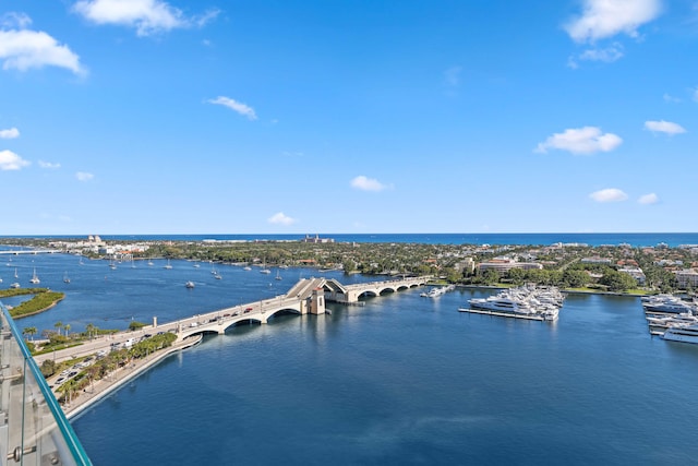 drone / aerial view with a water view