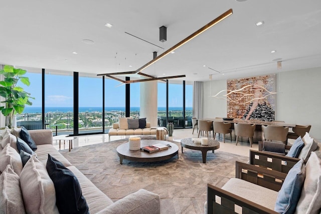 living room with a wall of windows