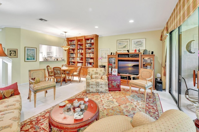 tiled living room featuring crown molding