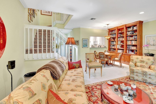 tiled living room with crown molding