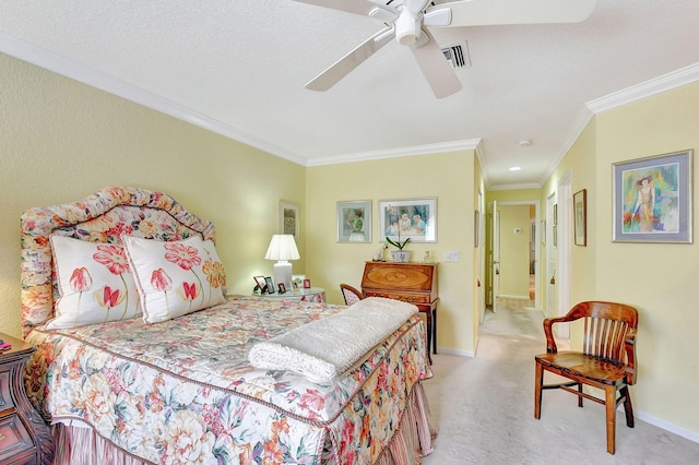 carpeted bedroom with crown molding, a textured ceiling, and ceiling fan