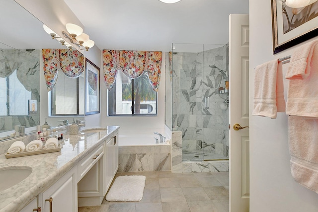 bathroom featuring vanity, tile patterned flooring, and plus walk in shower