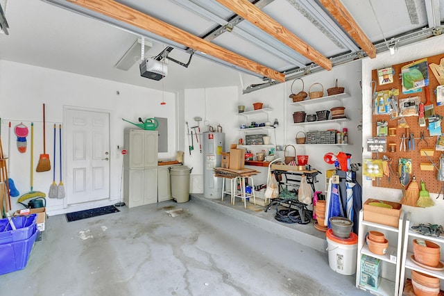 garage with a garage door opener, water heater, and electric panel