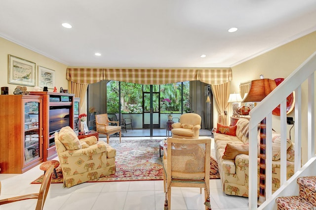 tiled living room featuring crown molding