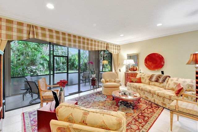 6366 Longboat Ln Unit G104, Boca Raton, FL 33433 - living room featuring ornamental molding, light tile patterned flooring, and recessed lighting