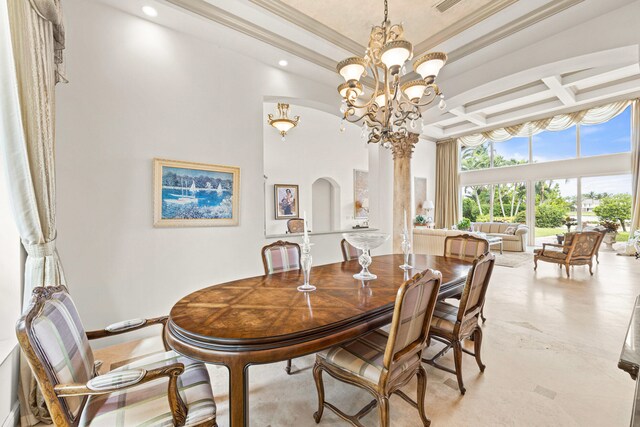 dining room with a high ceiling, coffered ceiling, beamed ceiling, ornamental molding, and an inviting chandelier