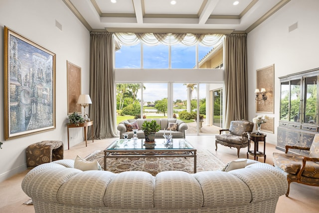 sunroom featuring beam ceiling