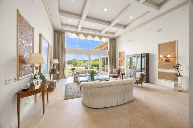 living room featuring beamed ceiling, a high ceiling, crown molding, and coffered ceiling