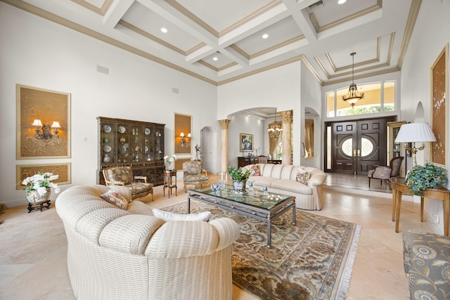 living room featuring a high ceiling, coffered ceiling, beam ceiling, crown molding, and a chandelier